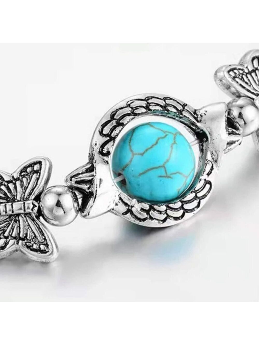 Dainty Feminine Silver Tone Faux Turquoise Butterfly Bracelet - Picture 2 of 5